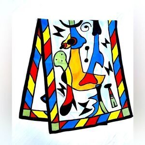 Vintage hand printed modernist scarf white with primary colors Mughal NWOT